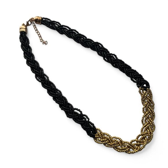 Two-Tone Black & Gold Beaded Braided Necklace With Adjustable Chain Closure 19"L - Picture 5 of 7